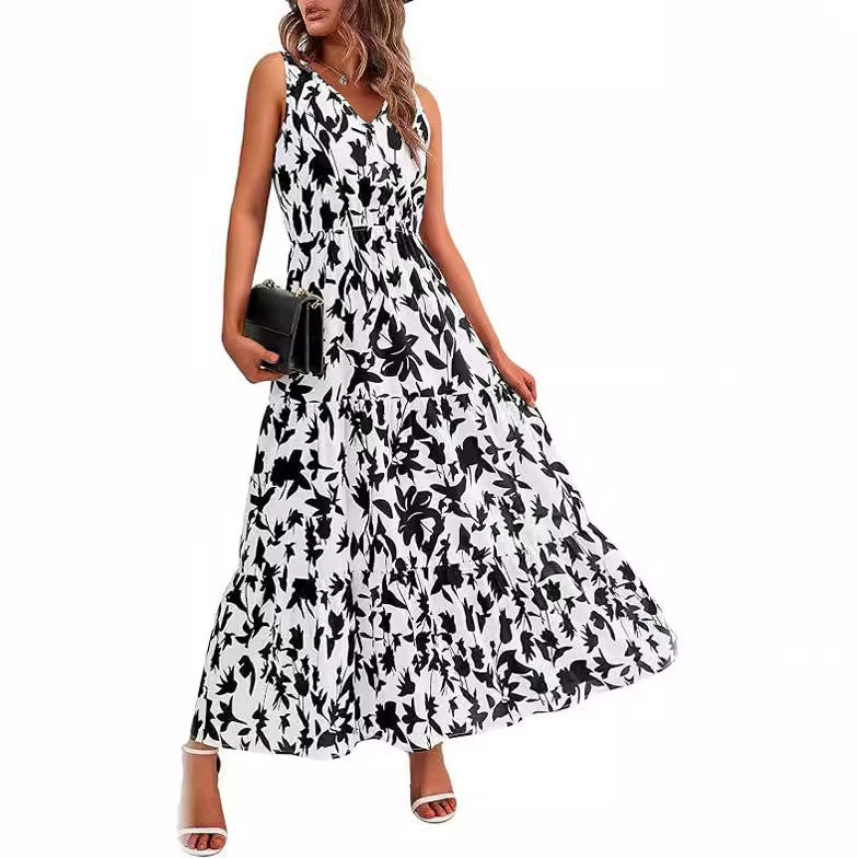 Women's V-neck Printed Dress with Elastic Waist