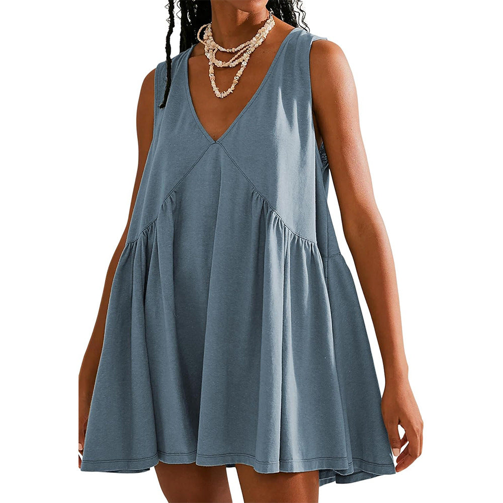 V-neck Dress with Pleated Pockets for Women