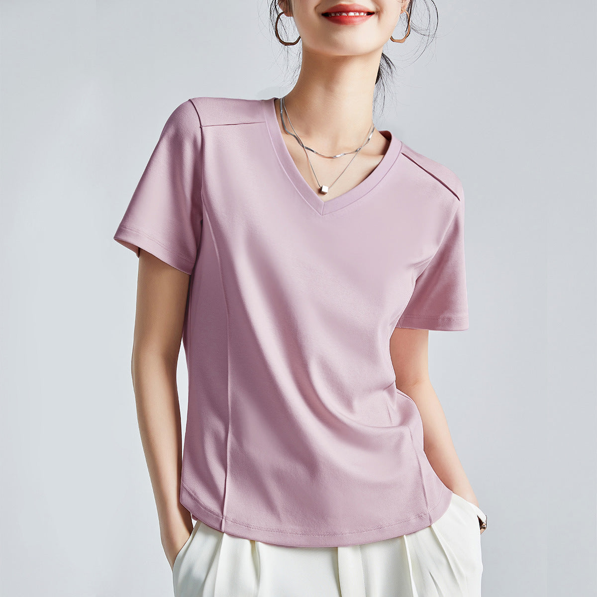 Mercerized Cotton Round Neck Shoulder T-Shirt