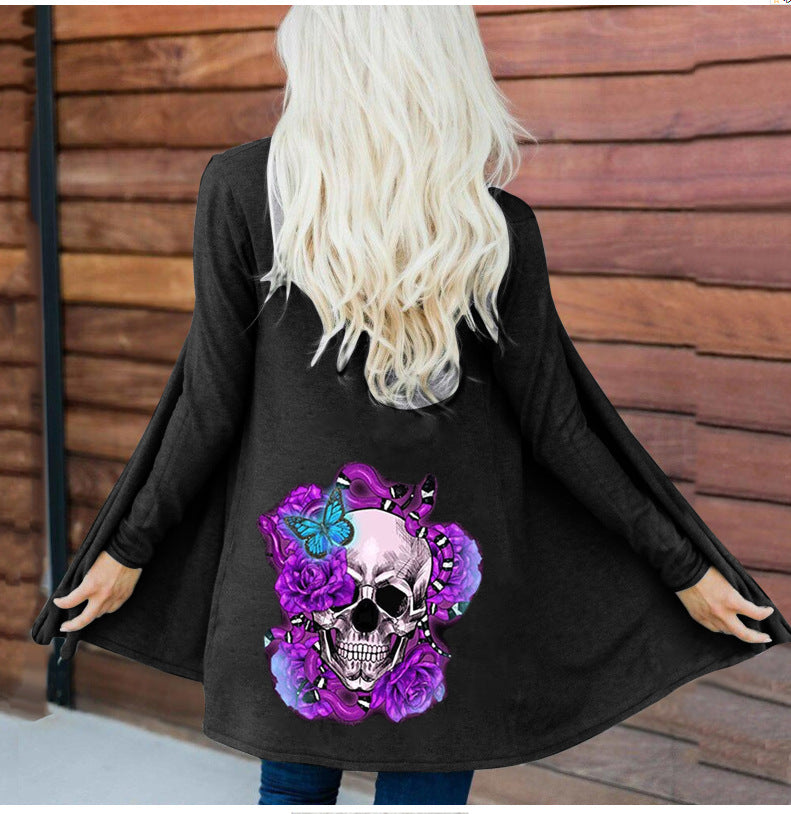 Women's Fashion Long Sleeve Cardigan Coat Top with Halloween Skull Print