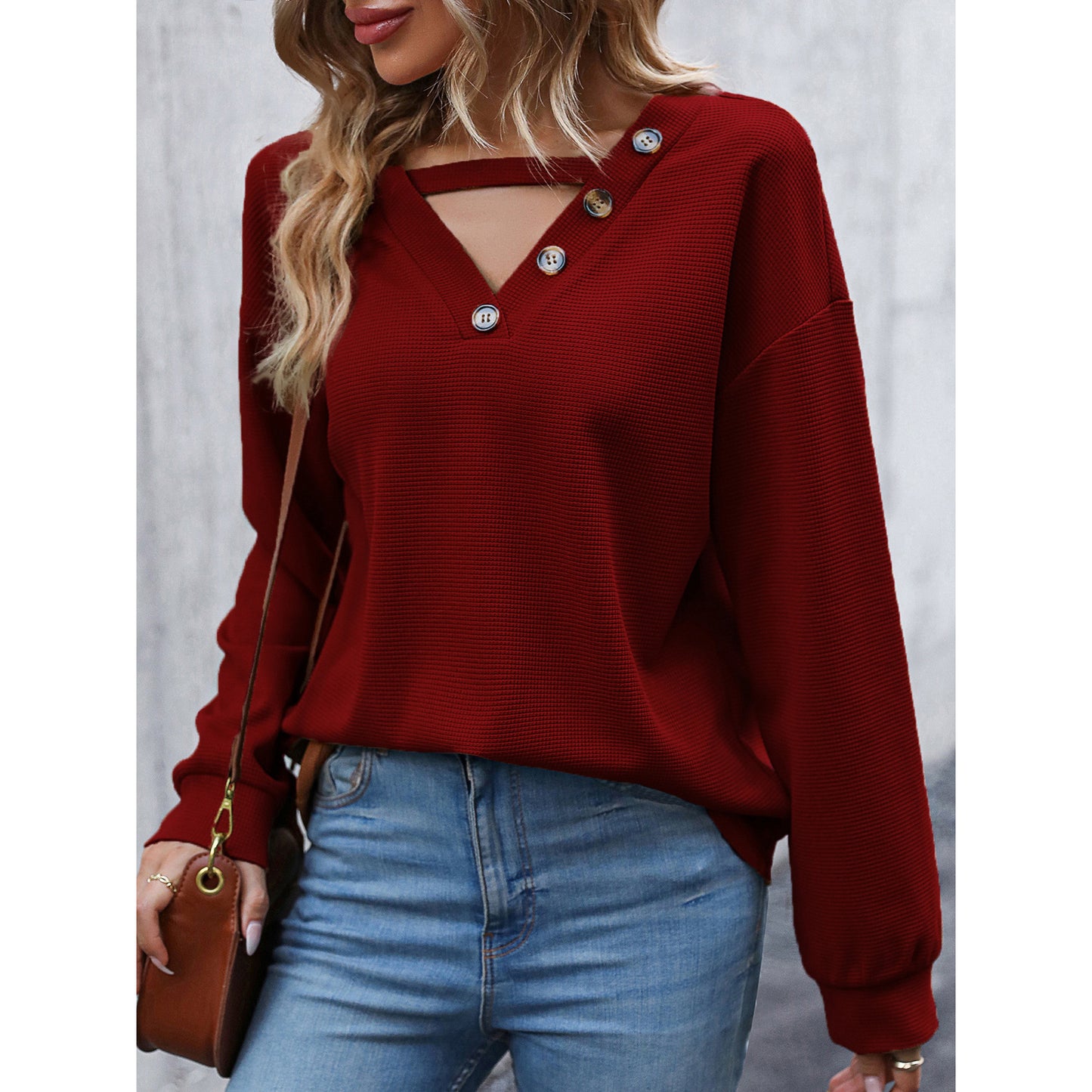 Long Sleeve V-neck Knitted Top with Hollow Out Design