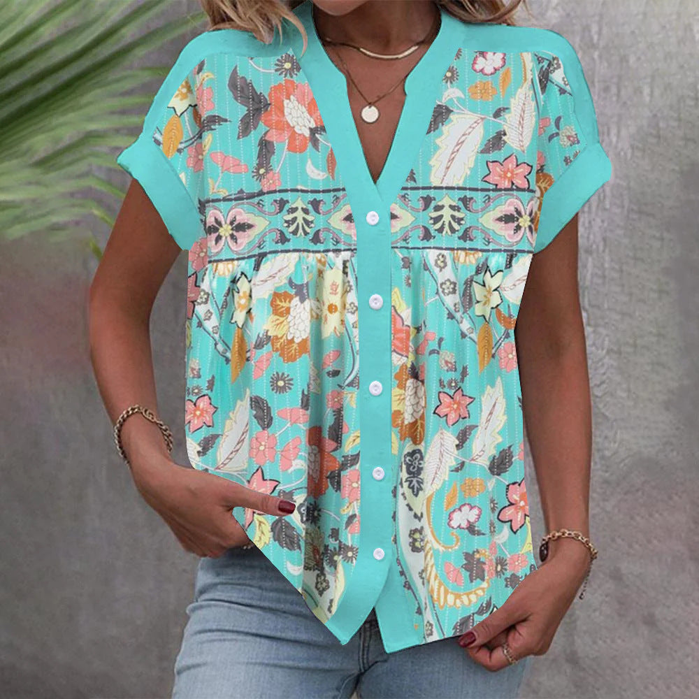 Casual Stand Collar Short Sleeve Regular Cardigan Digital Printing Top Shirt