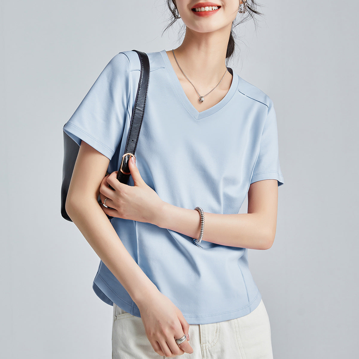 Mercerized Cotton Round Neck Shoulder T-Shirt