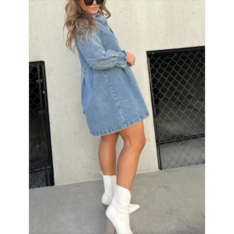 Women's Fashion Denim Skirt with a Loose and Washed-Out Shirt Style