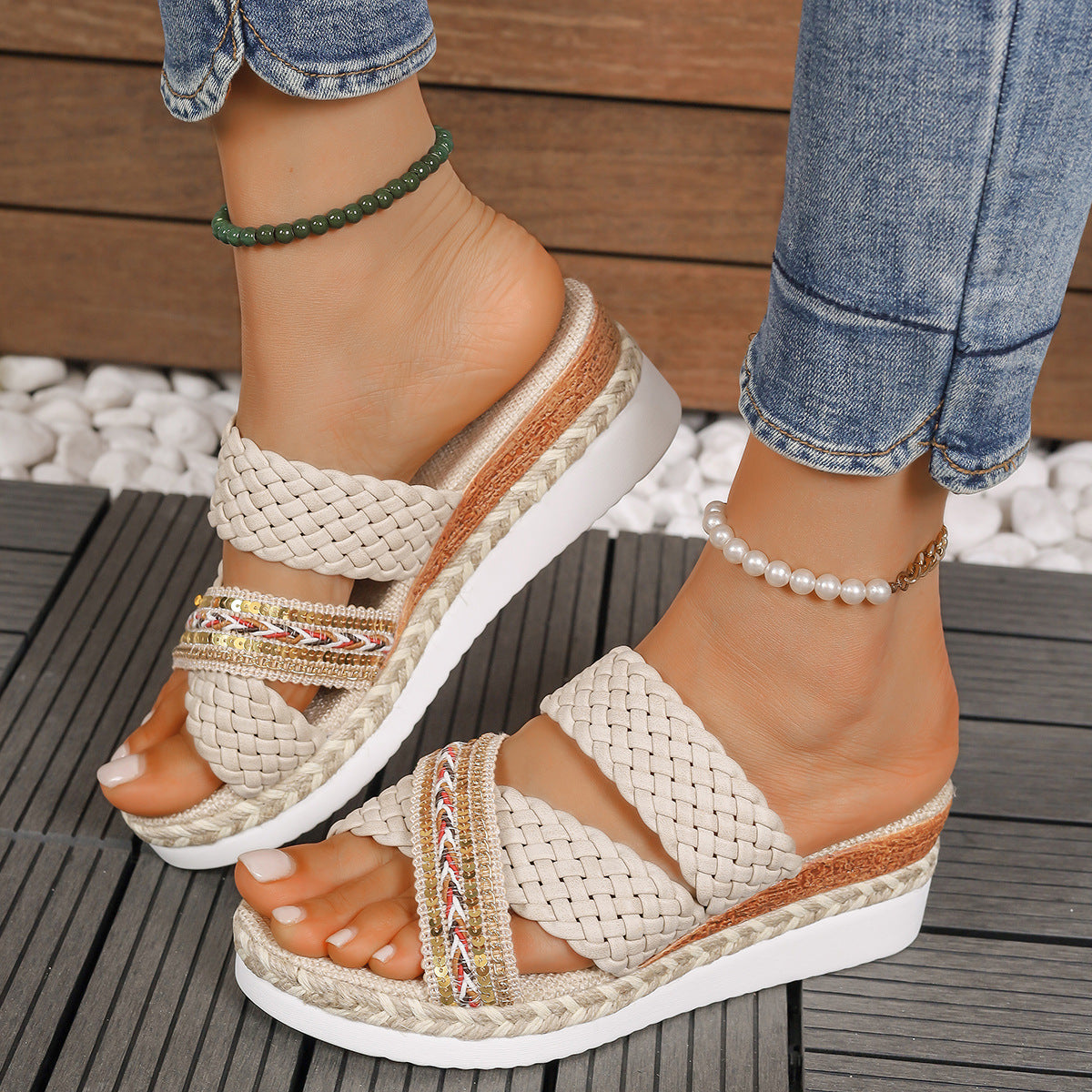 Thick Bottom Ladies Hemp Rope Woven Casual Slippers