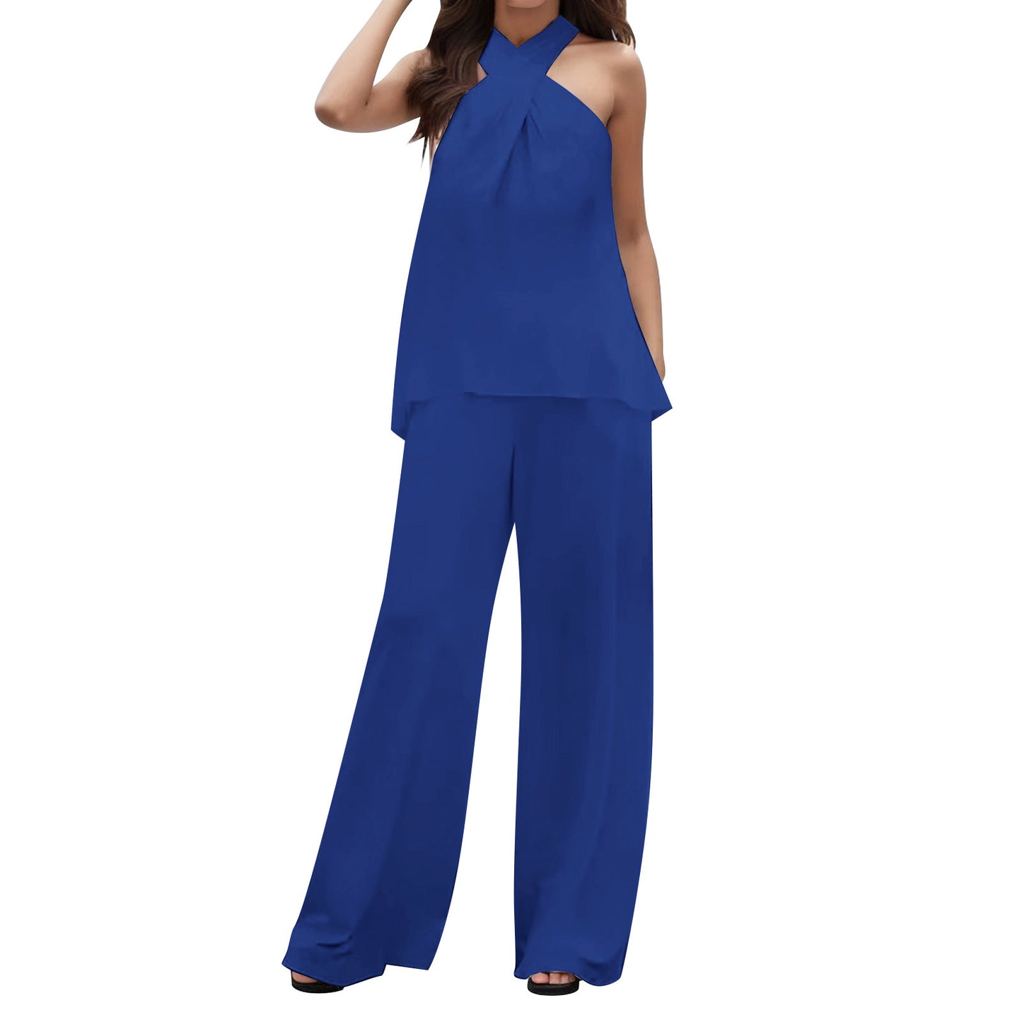 Solid Color Sleeveless Halter Top with V-neck and Elastic Waist Wide Leg Pants