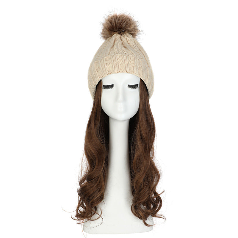 Women's Hat Wig Detachable Woolen Cap