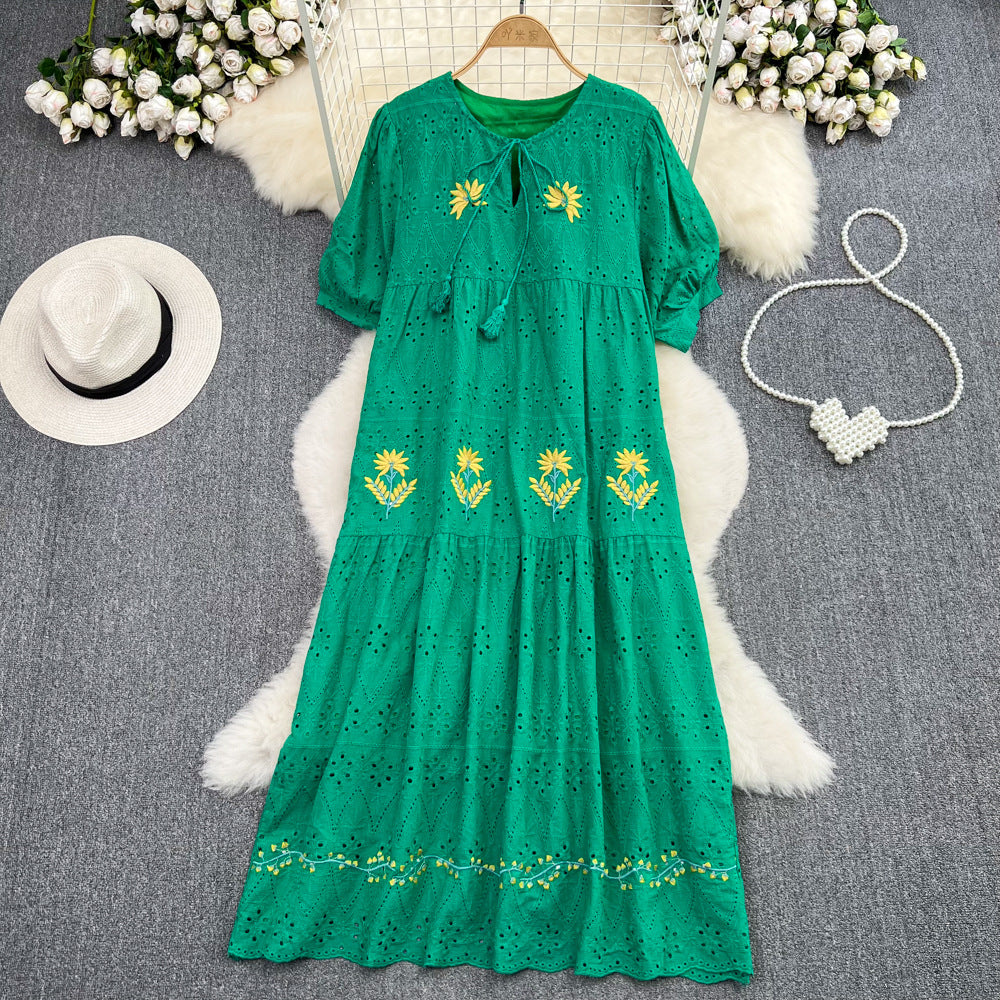 Sweet Puff Sleeve Round Neck Dress with Hollow Embroidery