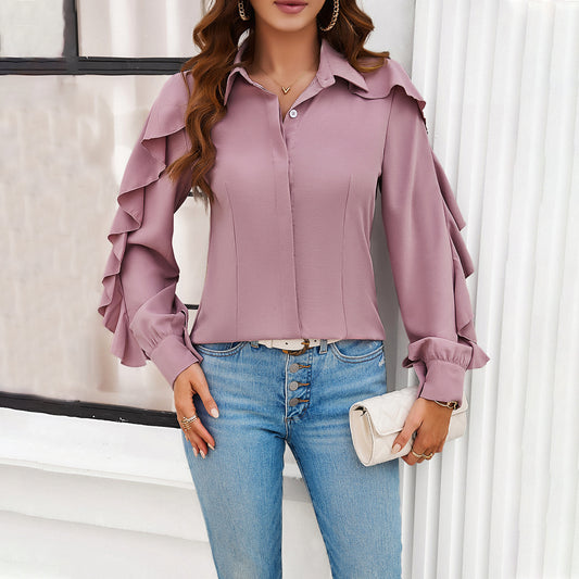 Spring And Summer Leisure Solid Color Ruffle Sleeve Shirt