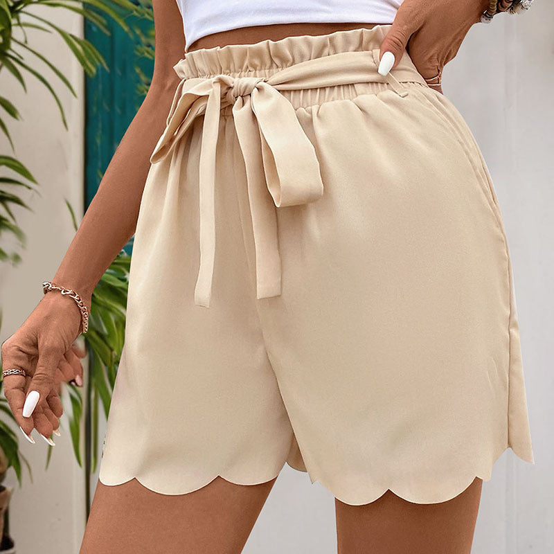 Scalloped Solid Color Women's Shorts with Lace-up Detail