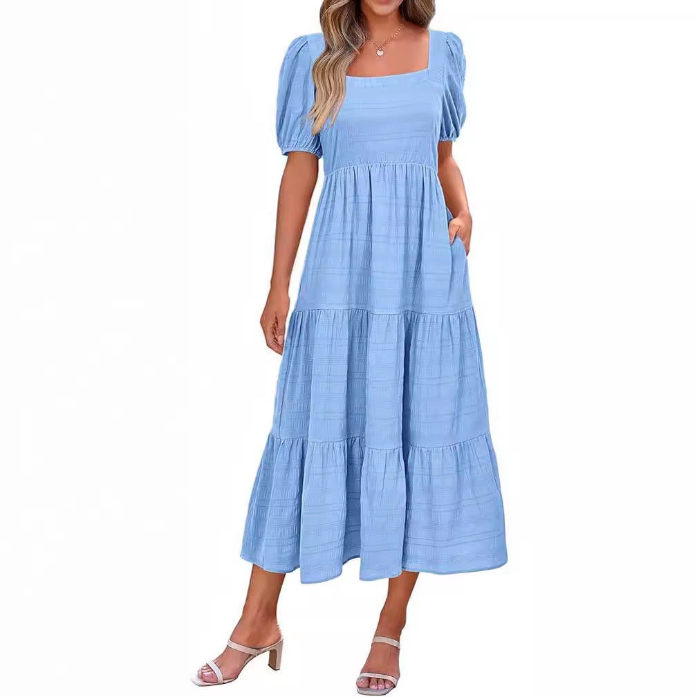 Women's Short Sleeve Dress with Square Collar and Back Pleating