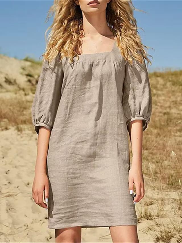 French-Inspired Square Collar Cotton and Linen Dress in a Simple Stylish Design