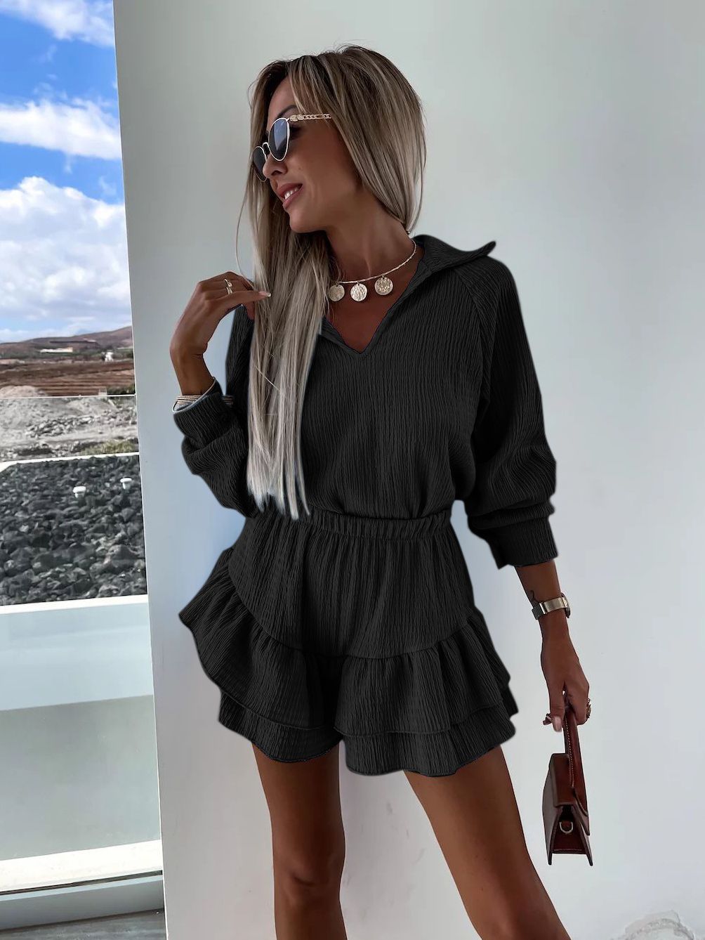 Women's Fashion Casual Long Sleeve Fleece And Shorts Suit