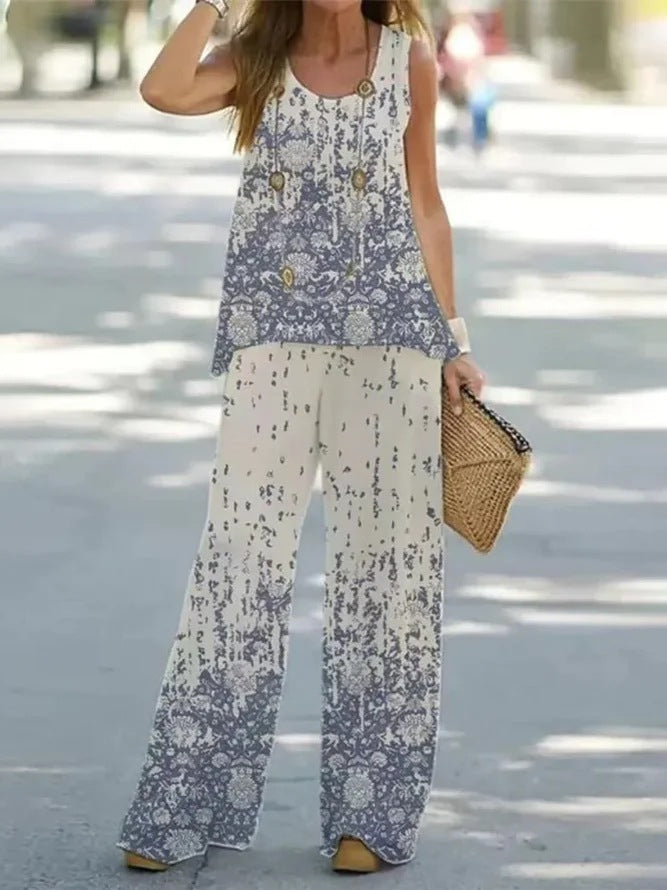 Women's Fashion Printed Casual Two-Piece Suit with Vest and Trousers