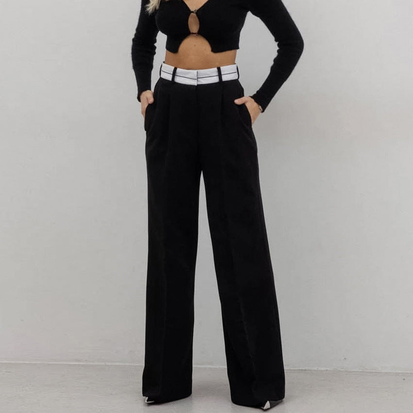 Fashionable Simple Contrast Color Wide-Leg Pants