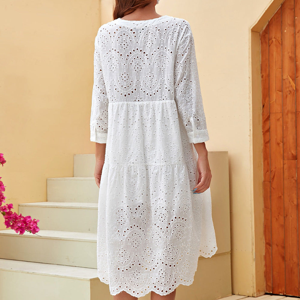 Women's Clothing 2021 Summer New Three-quarter Sleeve Lotus Leaf Skirt Fresh Sweet Style Embroidery Hollow Dress