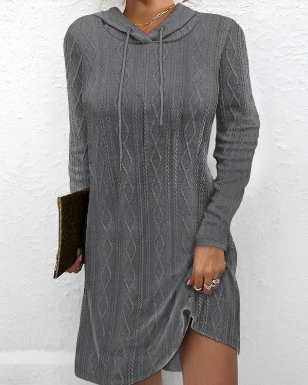 Women's Knitted Hooded Pullover Dress with Long Sleeves