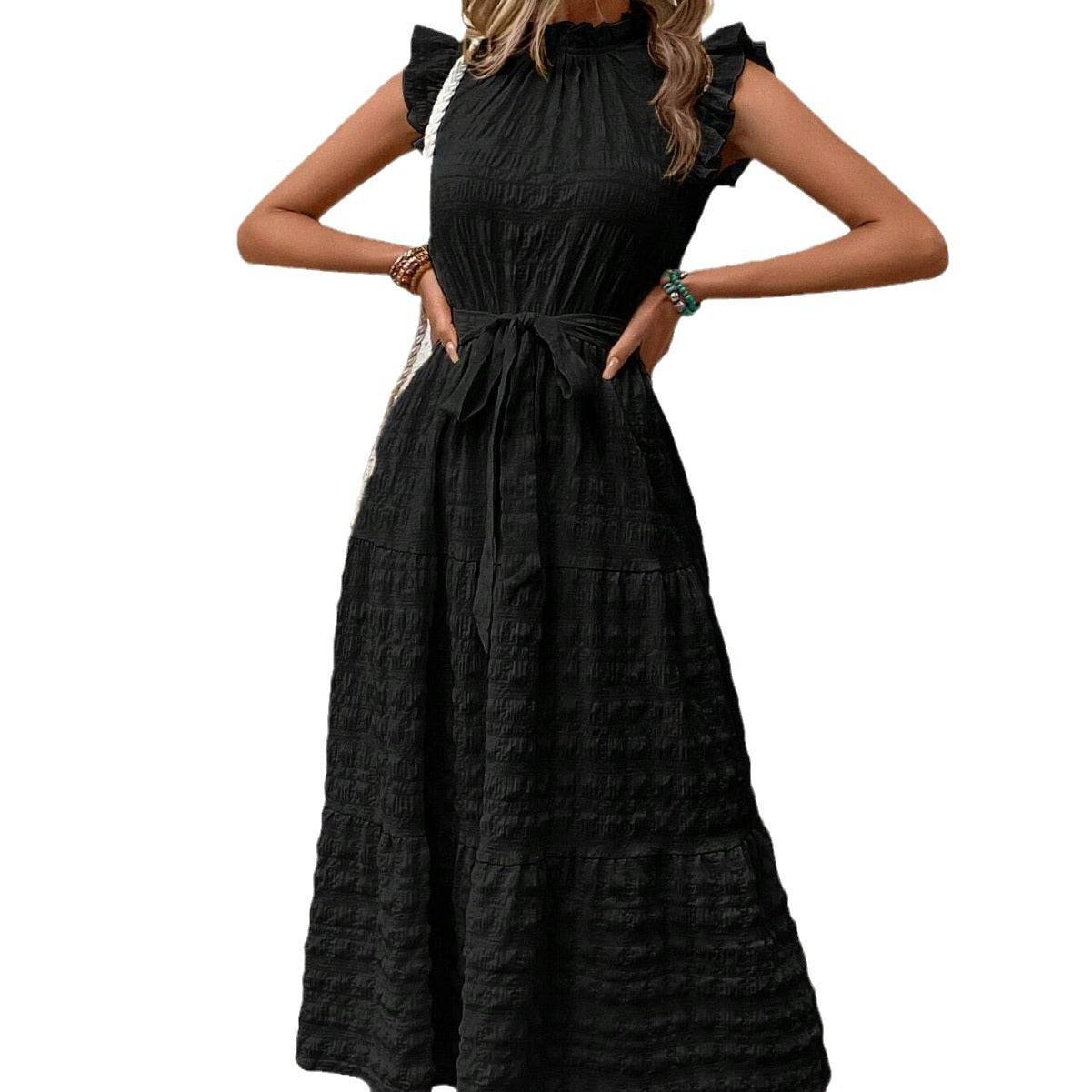 Fashionable Lace-Up Dress with Stringy Selvedge Detail for Women
