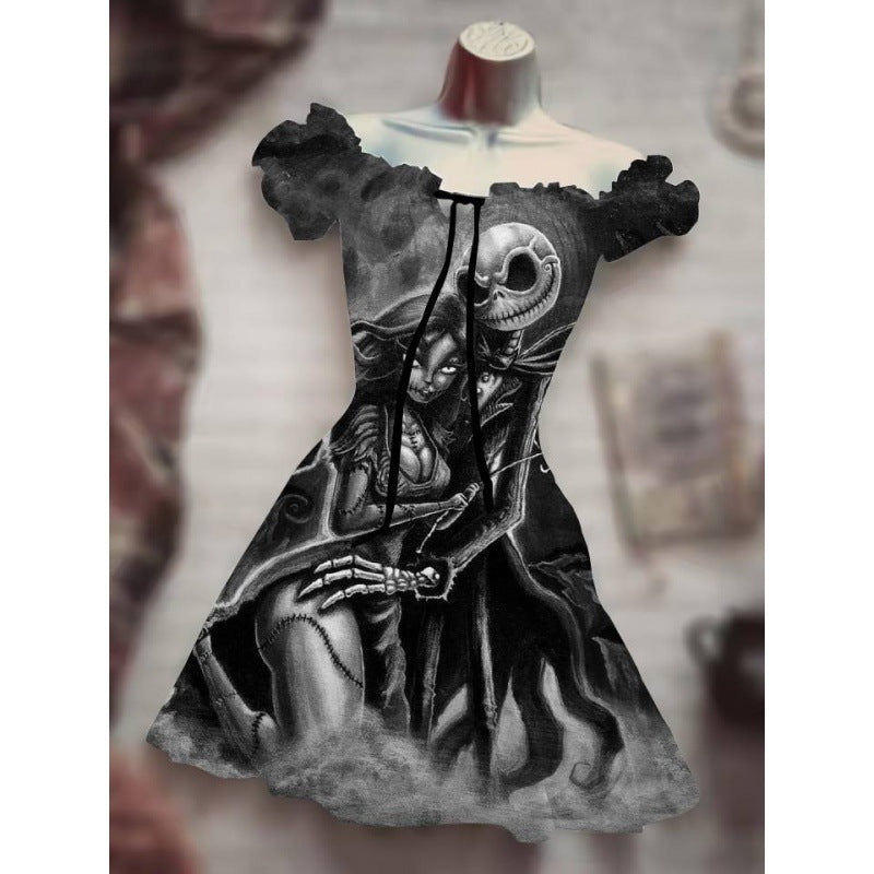 Halloween Drawstring Puff Sleeve High Waist Dress