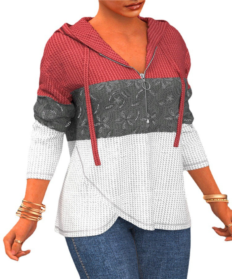 Chic Women's Zipper Sweater with Hat Featuring Elegant Color Matching