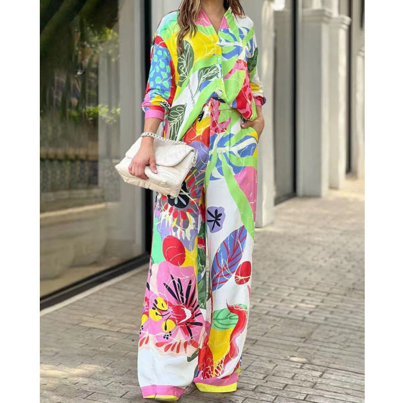 Long Sleeve Loose Shirt High Waist Wide Leg Pants Women's Set