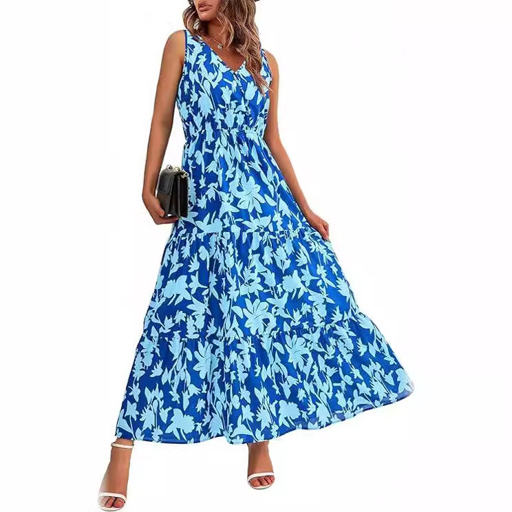 Women's V-neck Printed Dress with Elastic Waist