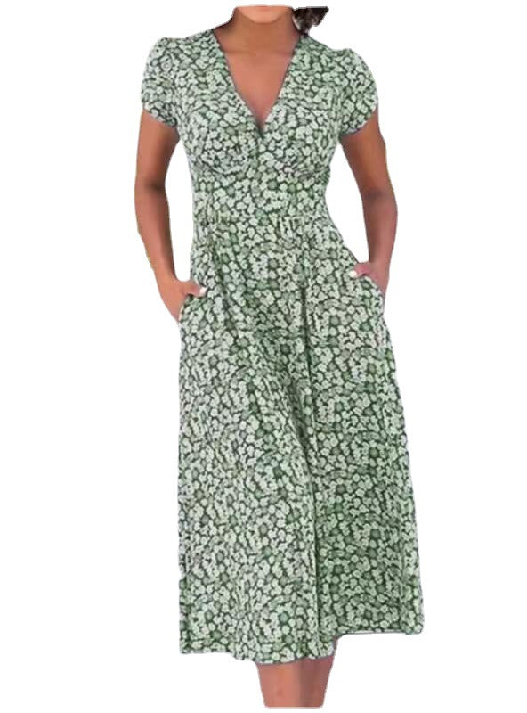 Women's Bohemian V-Neck Dress with Printed Pockets