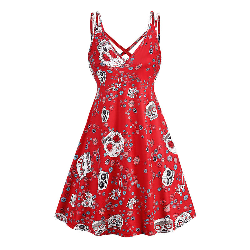 V-neck Strap Gothic Dress with Halloween Printed Pumpkin, Flowers, and Bats