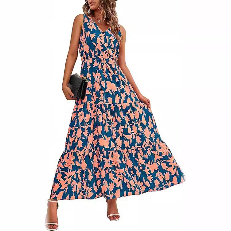 Women's V-neck Printed Dress with Elastic Waist