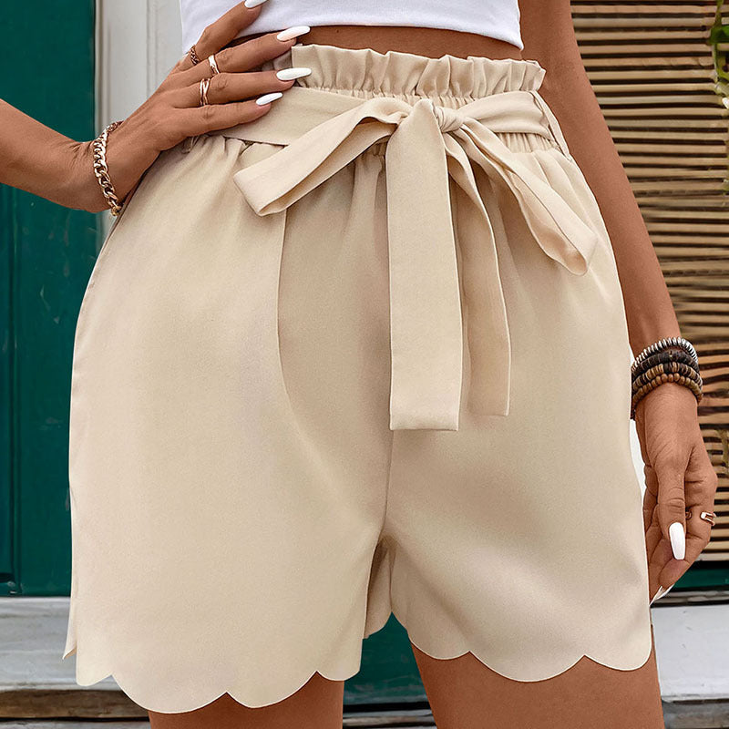 Scalloped Solid Color Women's Shorts with Lace-up Detail