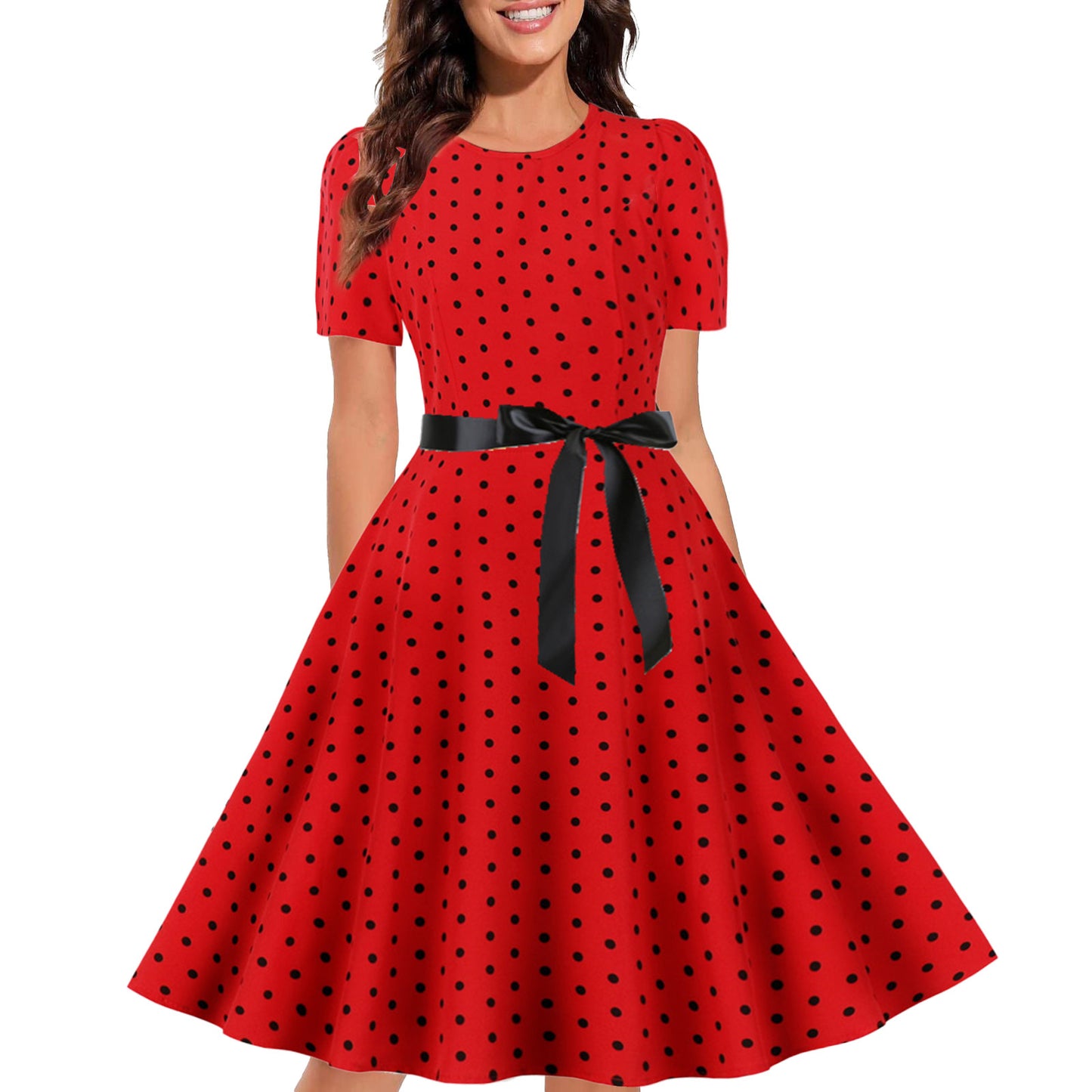 Women's Graceful and Fashionable Round Neck Slimming Polka Dot Floral Dress