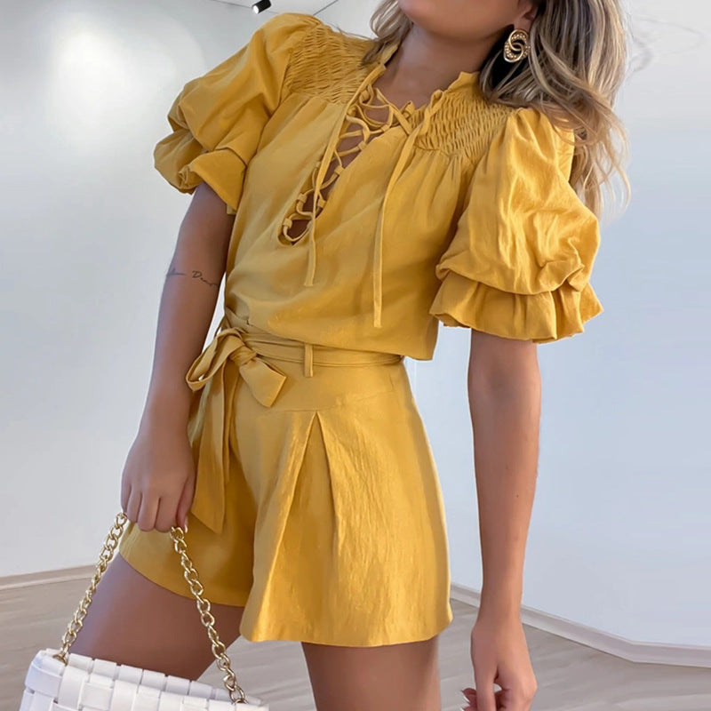 Women's Fashion Solid Color Stand Collar Shirt Top and Shorts Two-piece Set