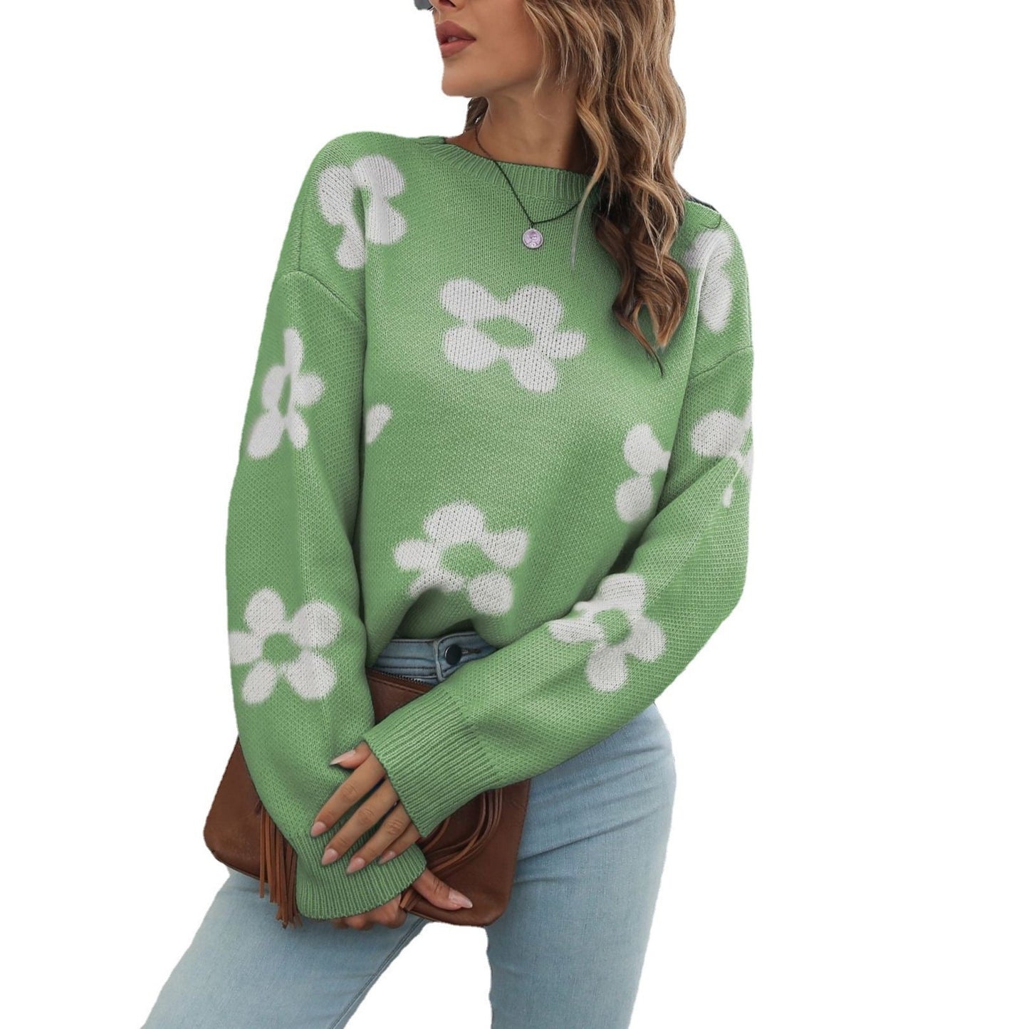 Loose Long Sleeve Sweater for Women with a Flower Brocade Design