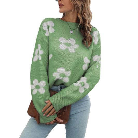 Loose Long Sleeve Sweater for Women with a Flower Brocade Design