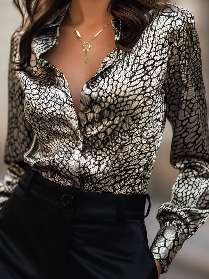 High Elastic Satin Printed Leopard Print Spring And Autumn Leisure Loose Shirt