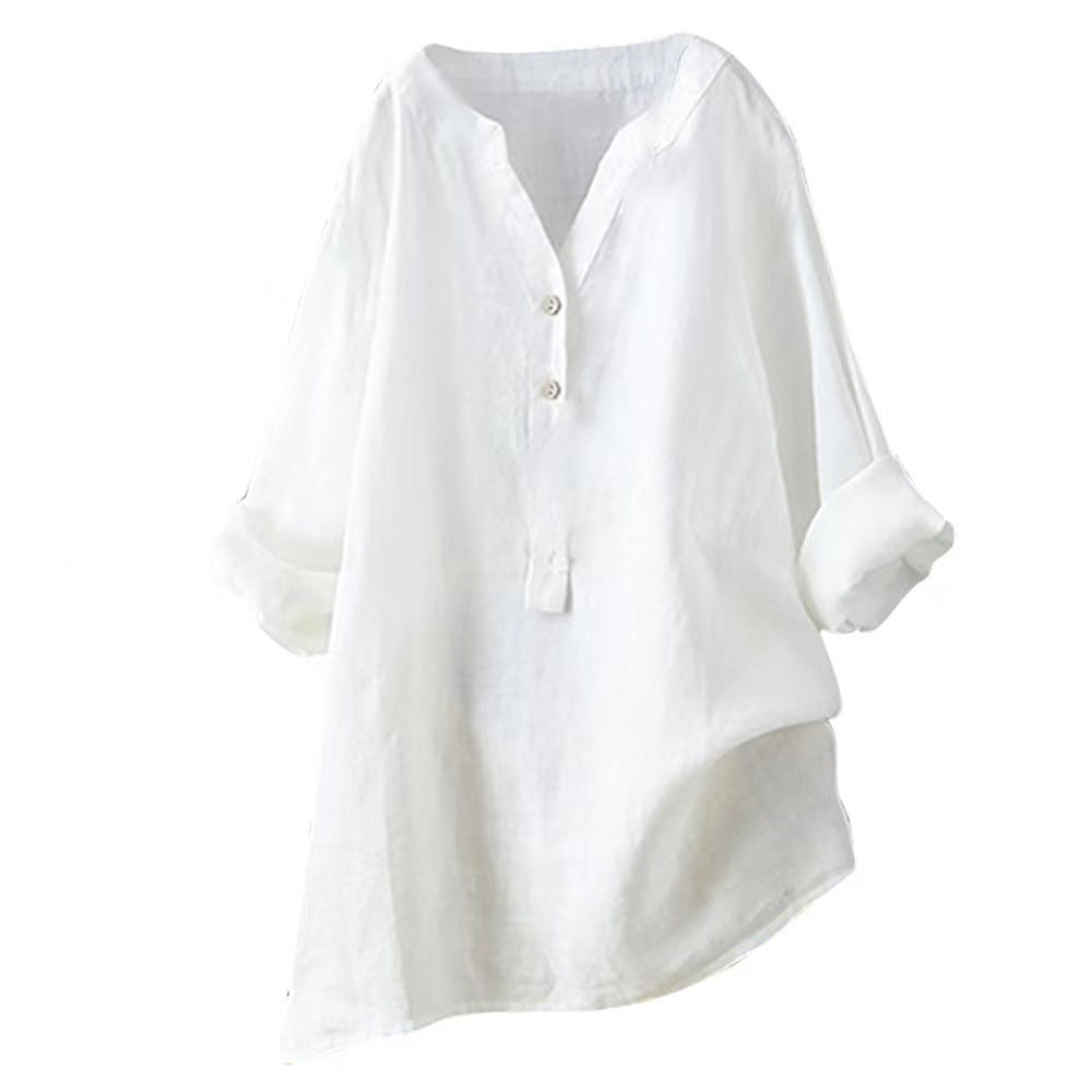 Solid Color Loose Cotton and Linen Top with Stand Collar and Buttoned Long Sleeves