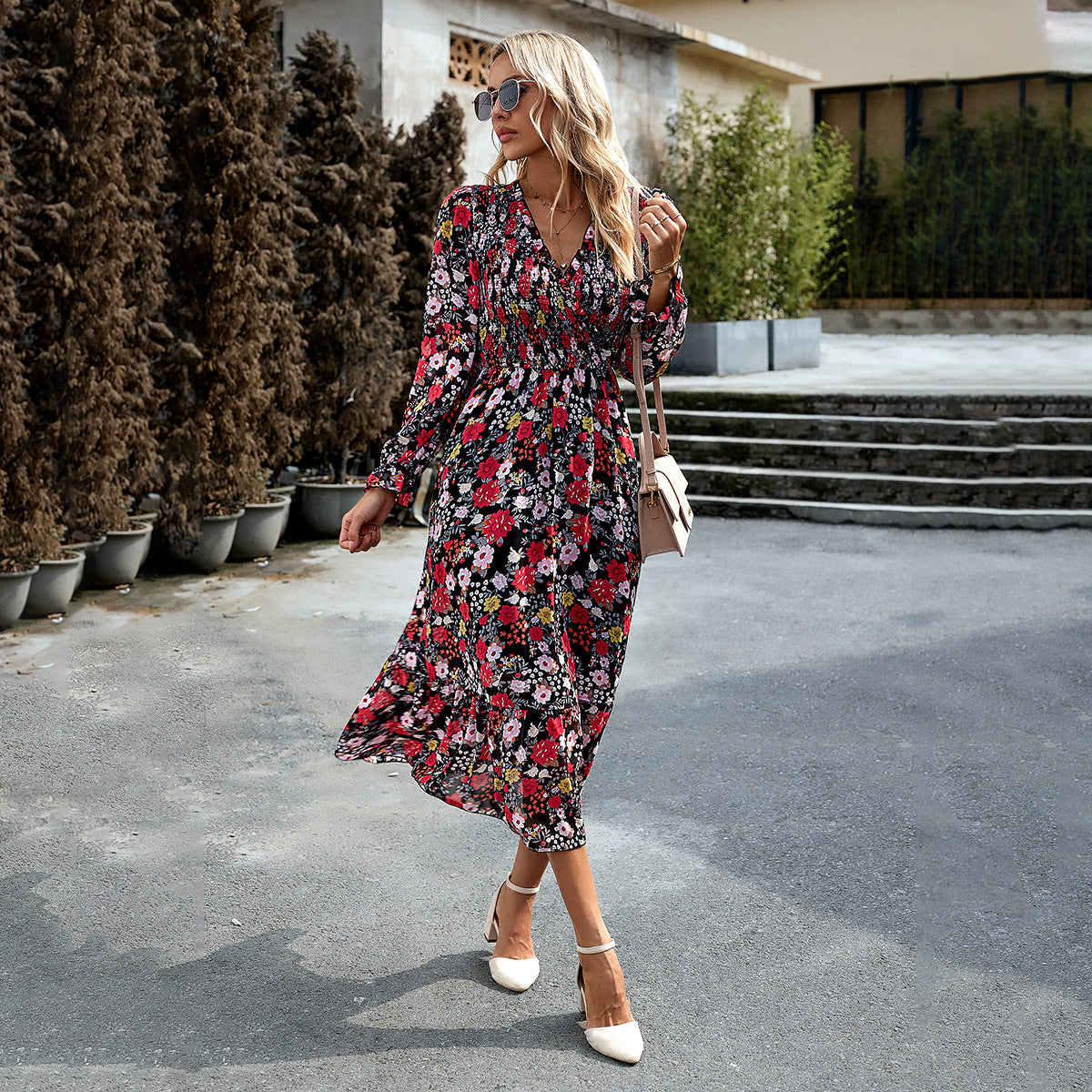 Women's Printed Long Sleeve Dress with a Fashionable and Elegant Temperament