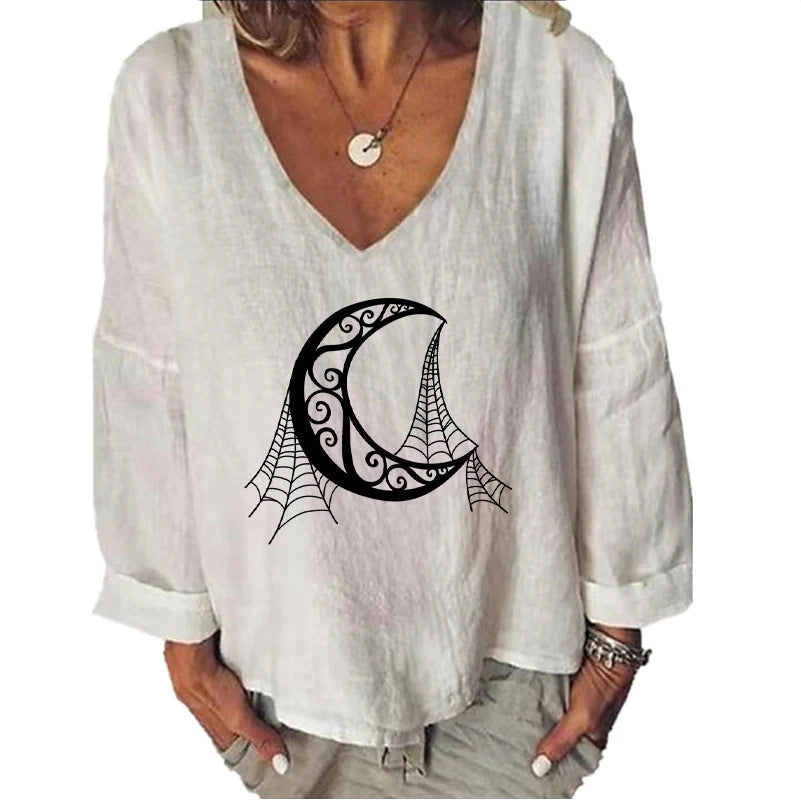 Women's Halloween Head Printed Loose Top Cotton And Linen