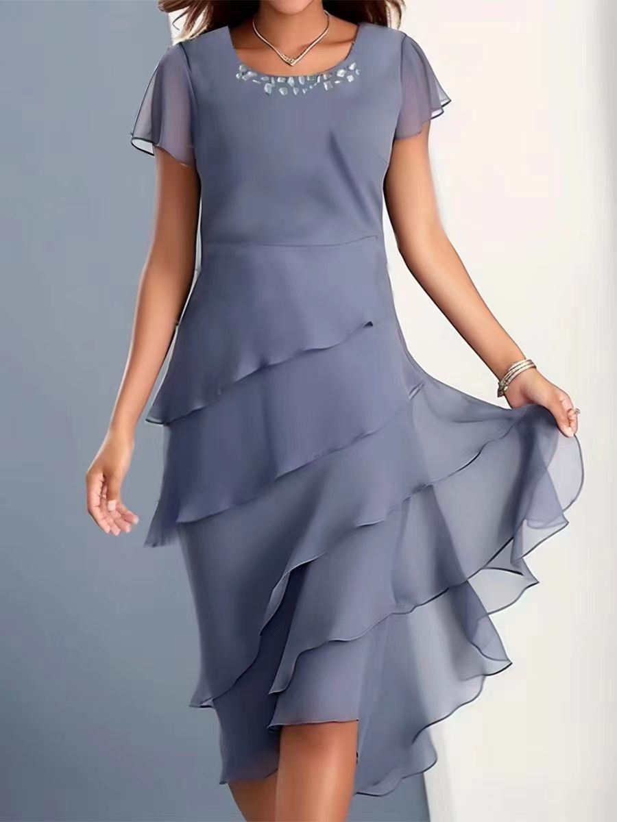 Round Neck Chiffon Patchwork Short Sleeve Dress for Women