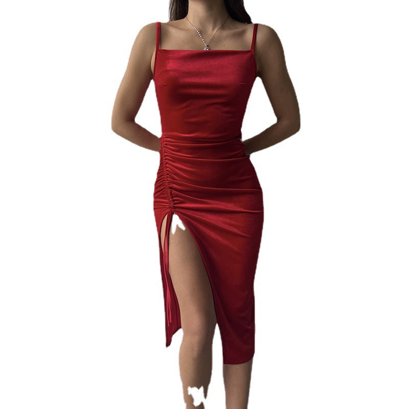 Suede Women's Dress with Off-Shoulder Style and Slim Straps