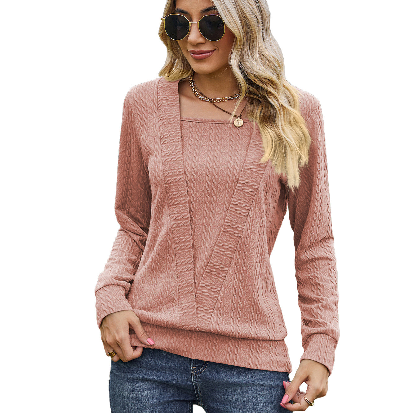 Women's Square Collar Cross Loose Long-sleeved T-shirt To