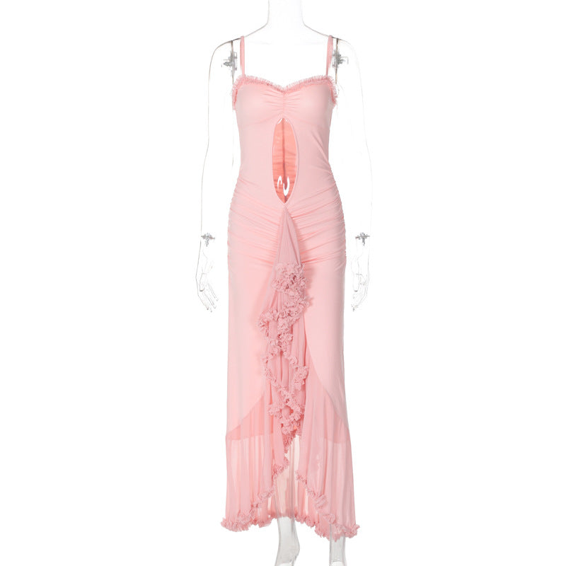 Women's Elegant Hollow Mesh Lace Irregular Spaghetti-strap Dress