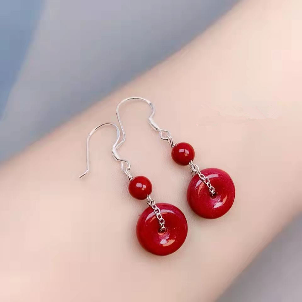 Women's Fashion Simple Raw Ore Cinnabar Ear Studs