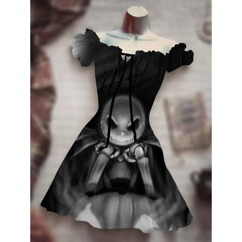 Halloween Drawstring Puff Sleeve High Waist Dress