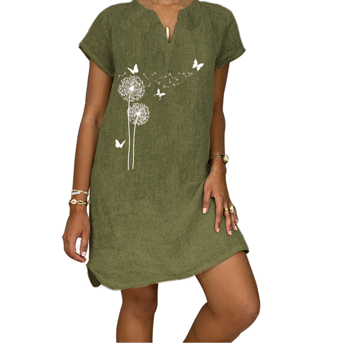 Women's Fashion Loose Butterfly Dandelion Print Short Sleeve V-neck Dress