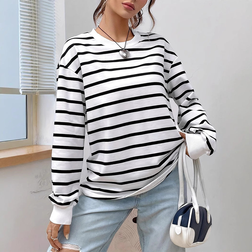 Women's Casual Loose Round Neck Vintage Striped Long-Sleeved T-Shirt – Comfortable and Stylish