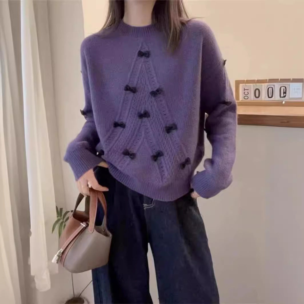 Round Neck Long Sleeve Sweater with Hollow Bow Detail – Three-Dimensional, Anti-Aging Fashion