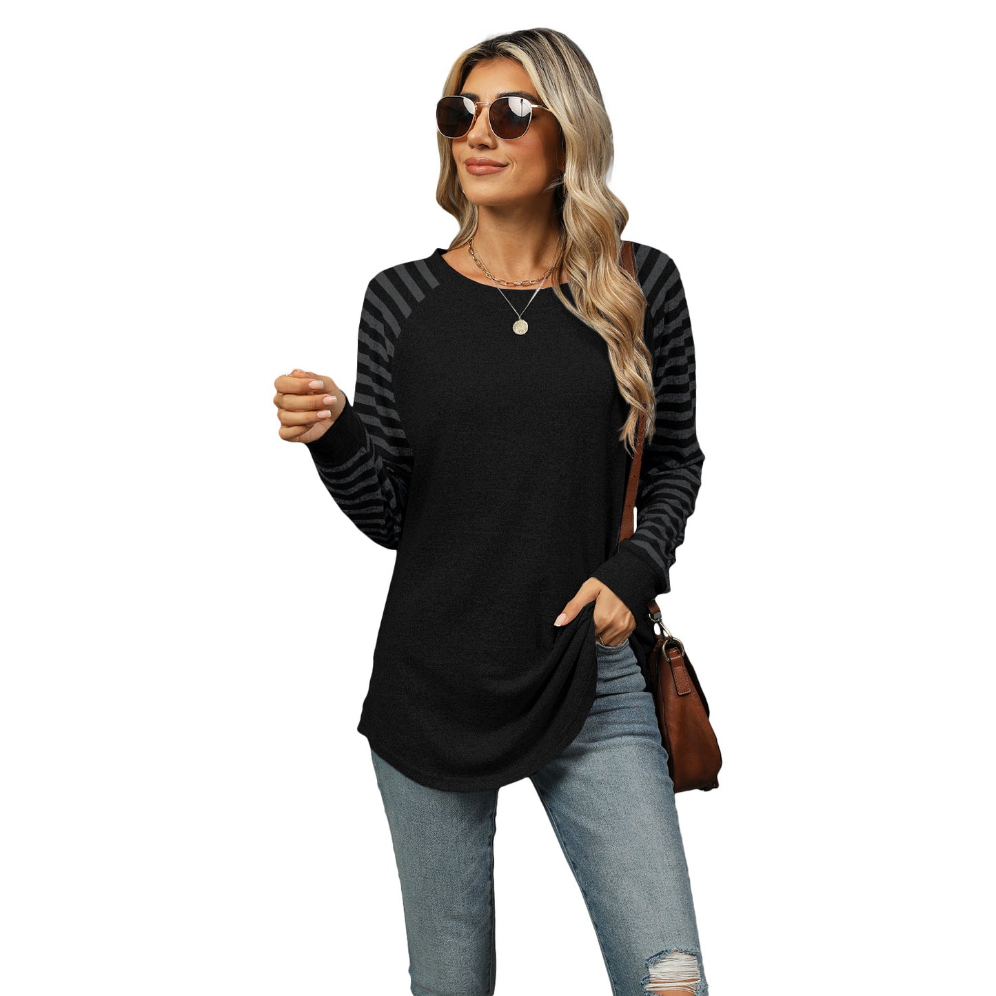 Women's Striped Stitching Round Neck Long Sleeve Top