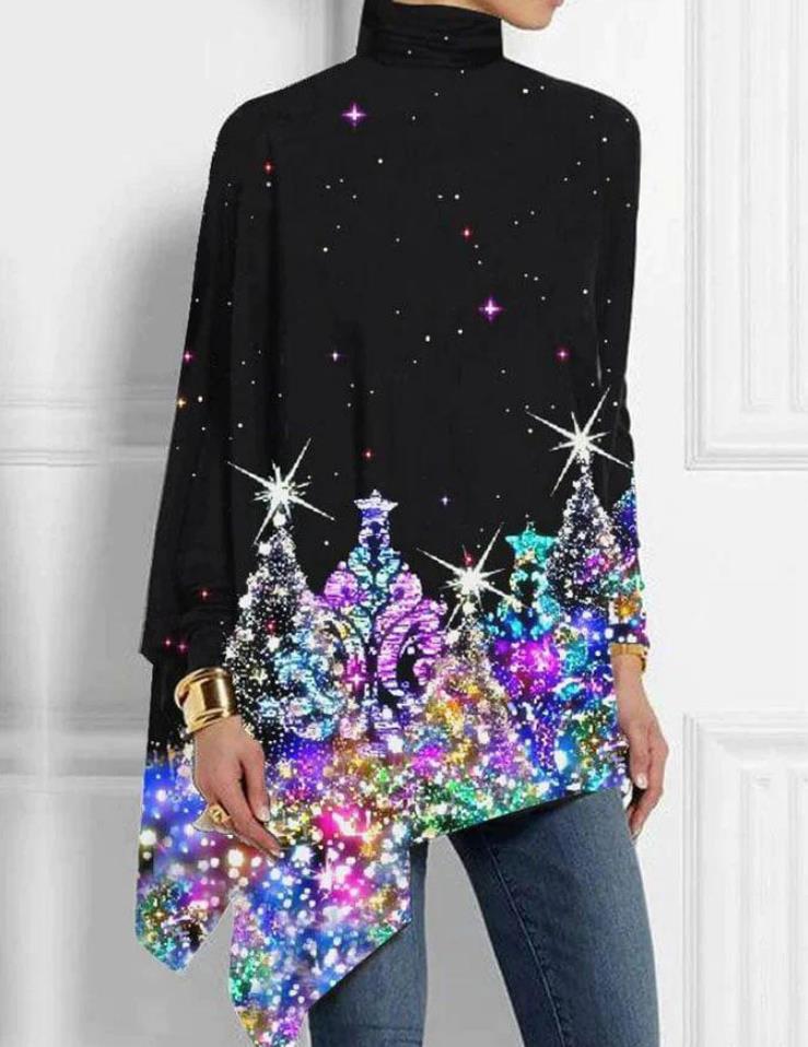 Fashion High Collar Loose And Irregular Digital Printed Long-sleeved Top