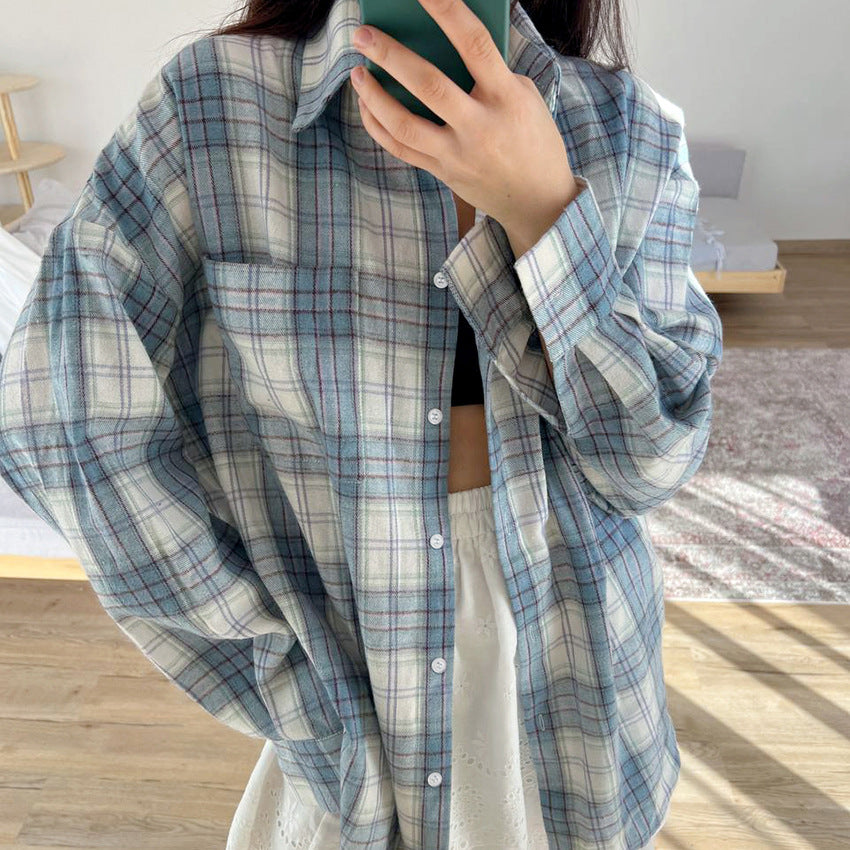 Women's Classic Long Sleeve Plaid Casual Loose Shirt with Lapel